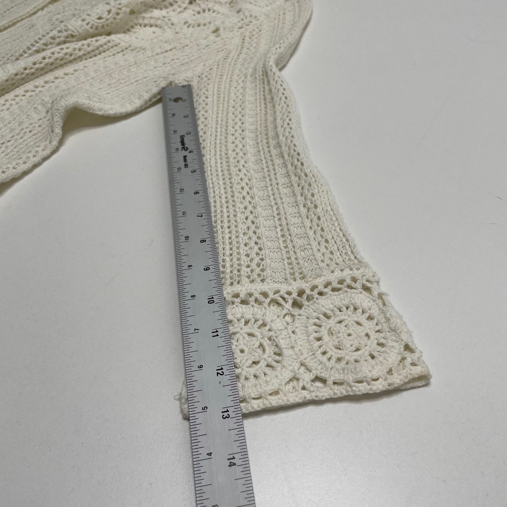CJ Bank Ivory Crochet Knit Tunic Sweater 3/4 Sleeve Tassel Boho Hippie Granola M - Picture 11 of 11